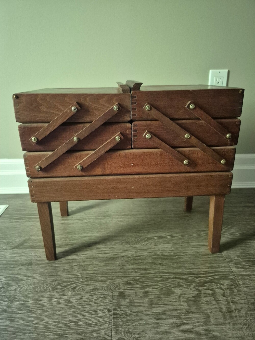 Vintage Brown Wooden Sewing Box with Fold-Out 3 Tiers Cantilever With Legs